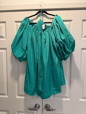 Off-Shoulder Puff Sleeve Tunic Dress in Teal